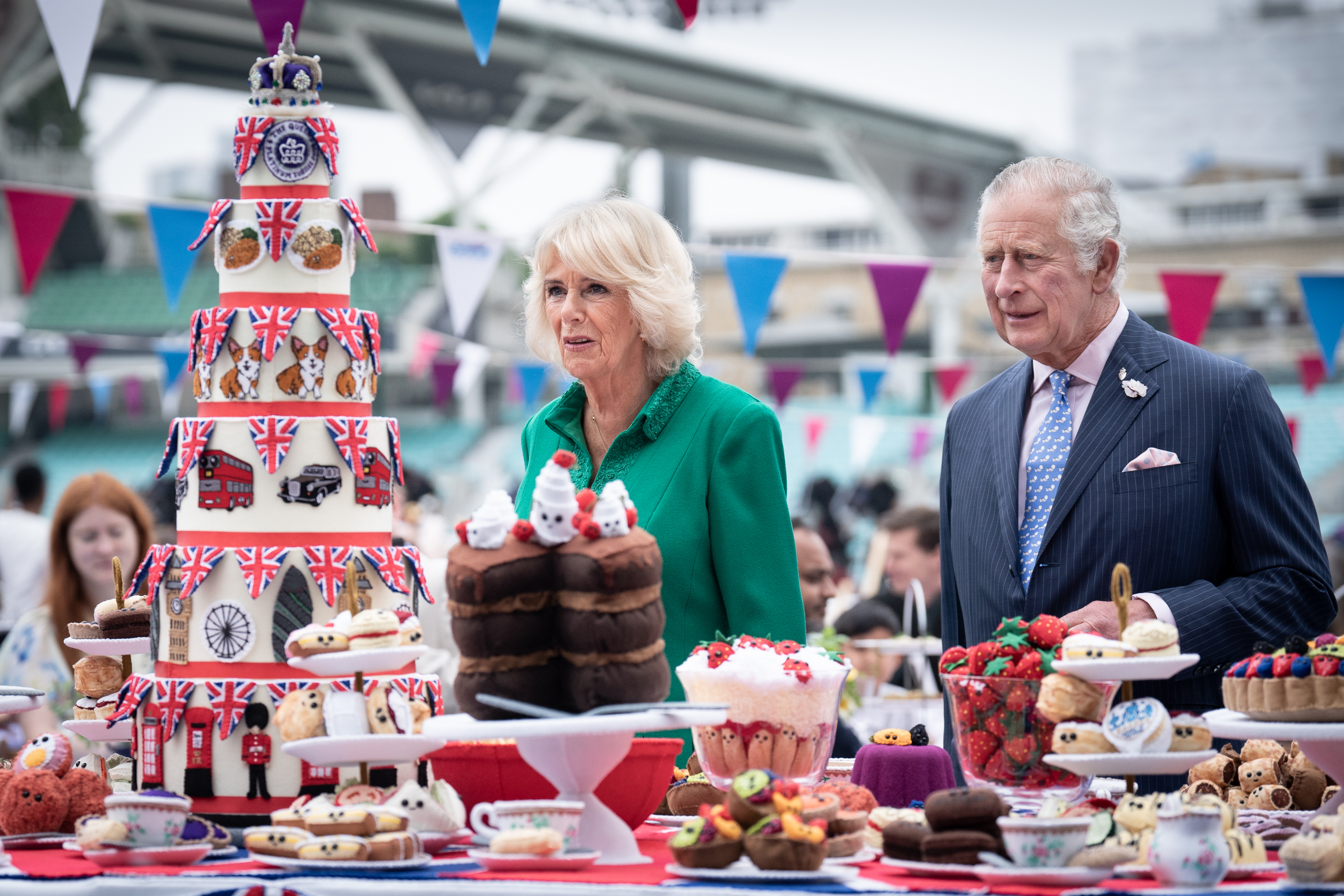 Their Royal Highnesses look at a felt art installation by Lucy Sparrow, a classic British picnic 
