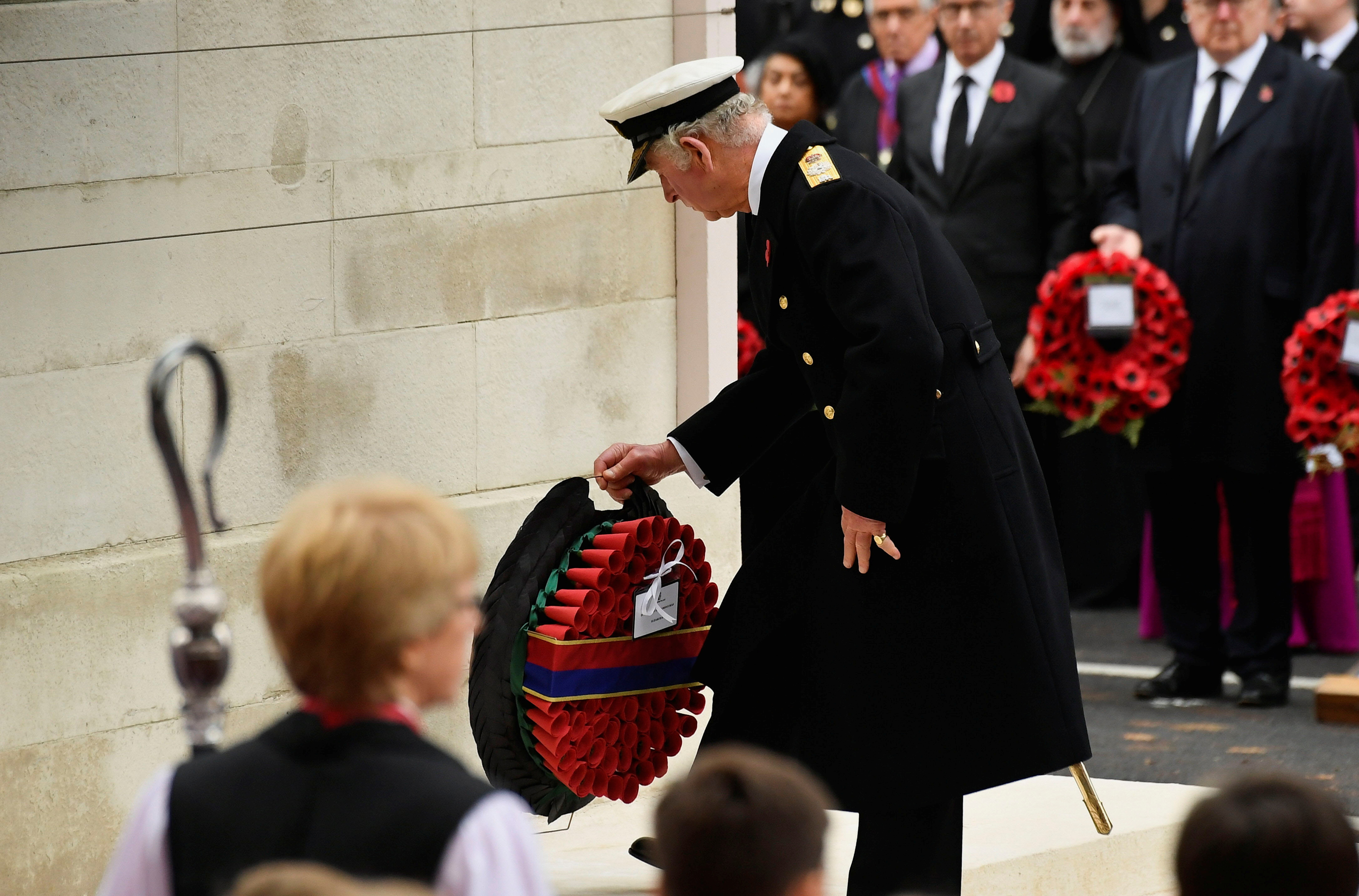 The Prince of Wales lays a wreath at the Cenotaph on Remembrance Sunday