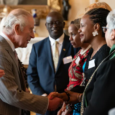King Charles III with Ms Roseline Njogu, Kenya High Commission, during a reception for the Kenyan diaspora in the UK at Buckingham Palace, central London, to celebrate the warm relationship between the two countries and the strong and dynamic partnership they continue to forge ahead of his Majesty's state visit to Kenya.
