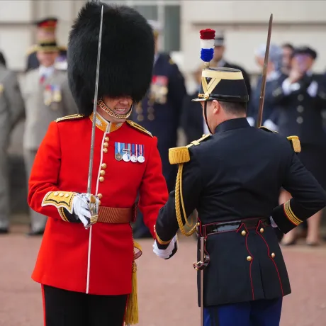 British and French troops at Changing of the Guard, Buckingham Palace