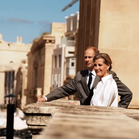The Duke and Duchess of Edinburgh looking out over Valetta Harbour
