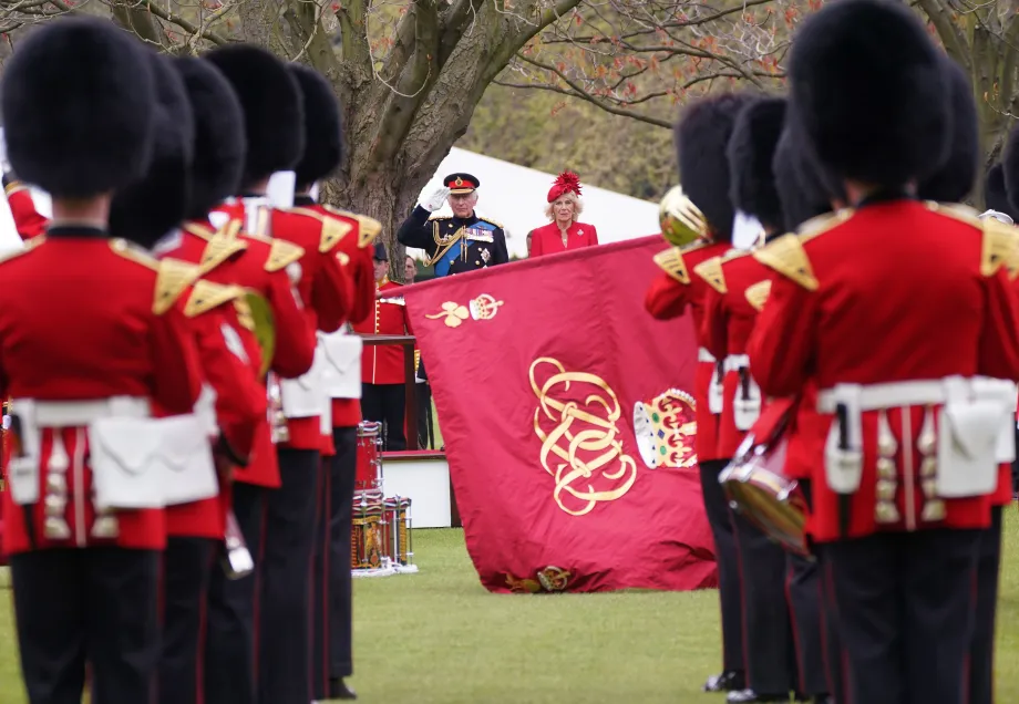 The King and The Queen Consort present new Standards and Colours at Buckingham Palace