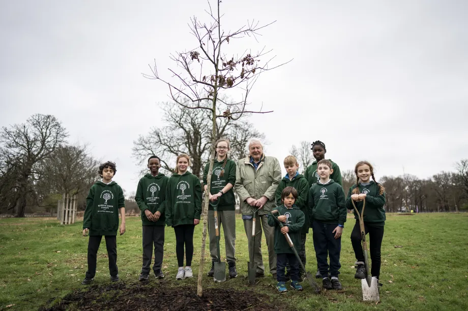 David Attenborough plants a tree for the Queen's Green Canopy