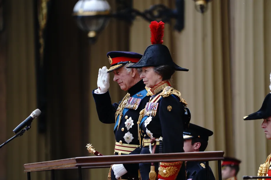 The King and The Princess Royal present the new Sovereign's Standard to The Blues and Royals 