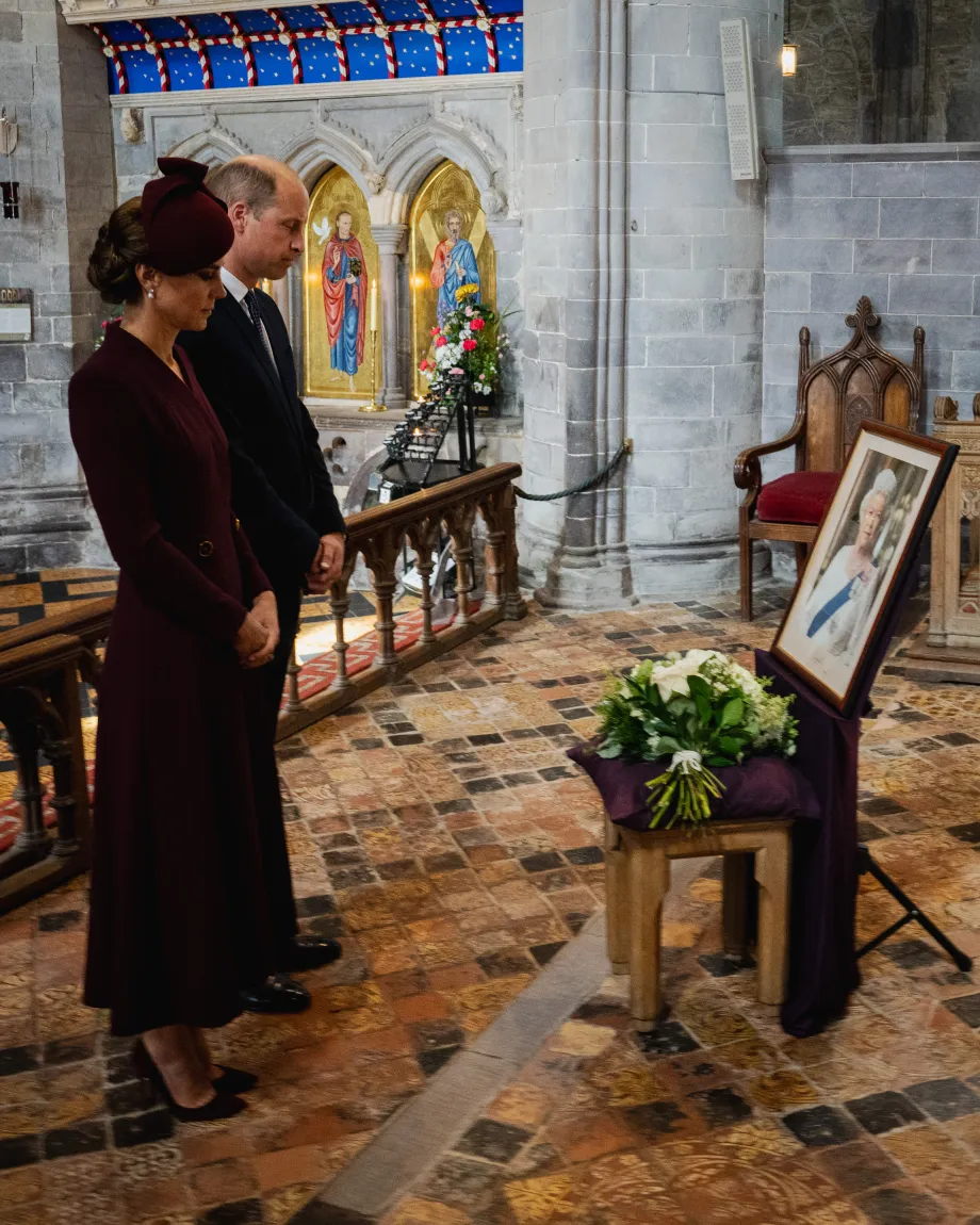 The Prince and Princess of Wales pays their respects to Her Late Majesty The Queen at St Davids Cathedral