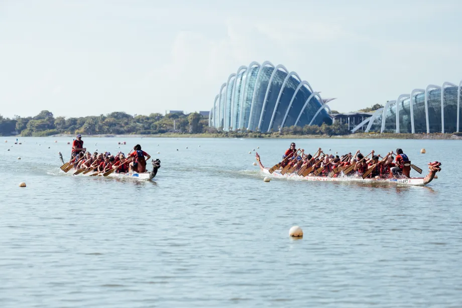 The Prince of Wales takes part in a dragon boat race in Singapore