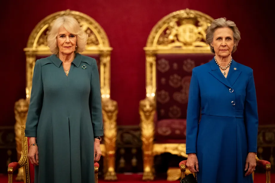 Queen Camilla (centre) and the Duchess of Gloucester, during an event to present the Queen's Anniversary Prizes for Higher and Further Education, at Buckingham Palace in London