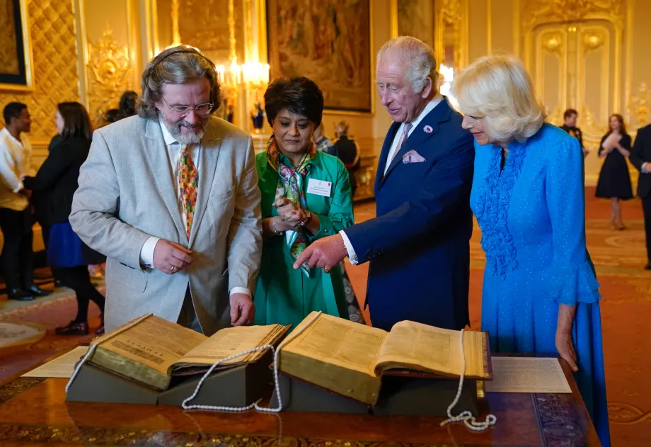 The King and Queen are shown a first and second folio of works by William Shakespeare, during reception at Windsor Castle, 2023