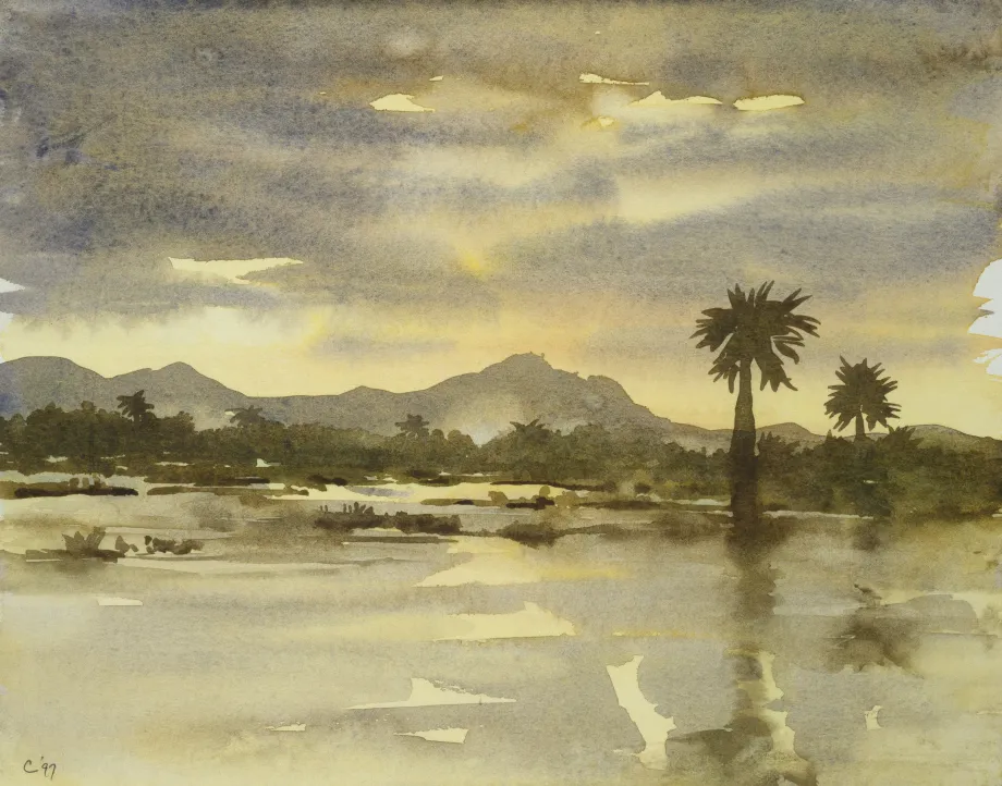A watercolour of Rufiji River, Selous Game Reserve, Tanzania, by His Majesty The King