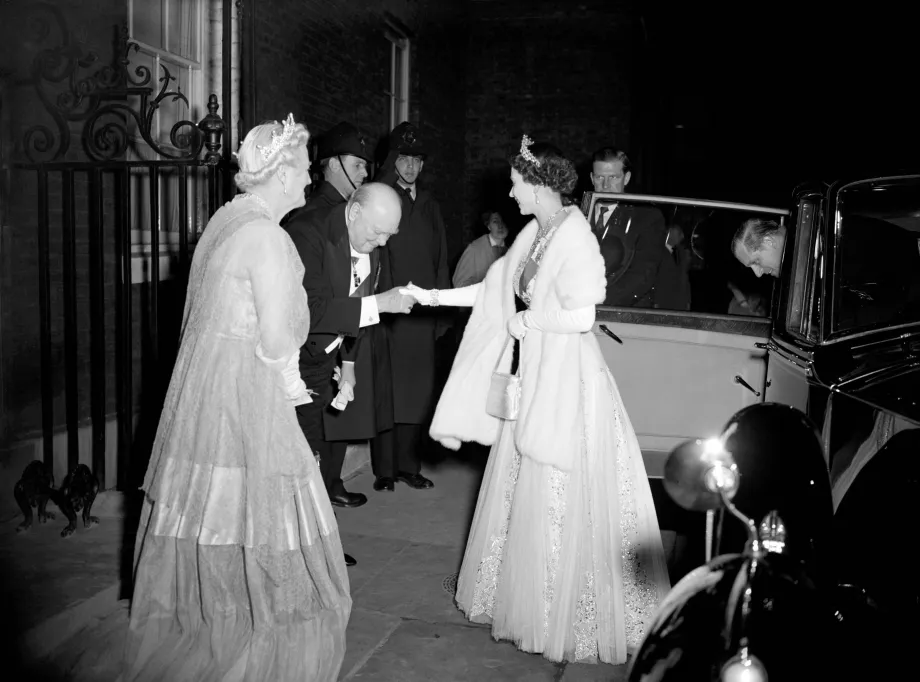 Prime Minister Winston Churchill greets Queen Elizabeth II at 10 Downing St
