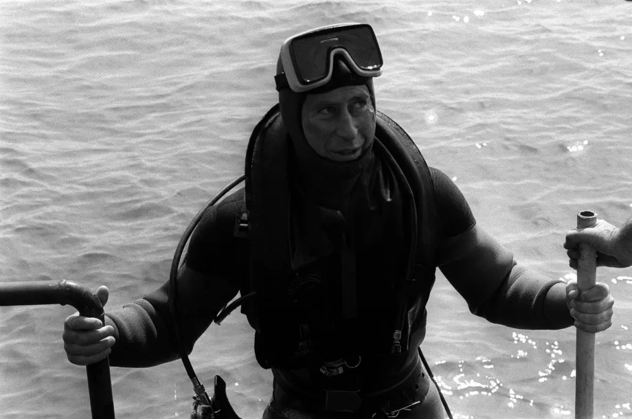 The then Prince of Wales surfaces from his last dive onto the sunken Tudor warship "Mary Rose"