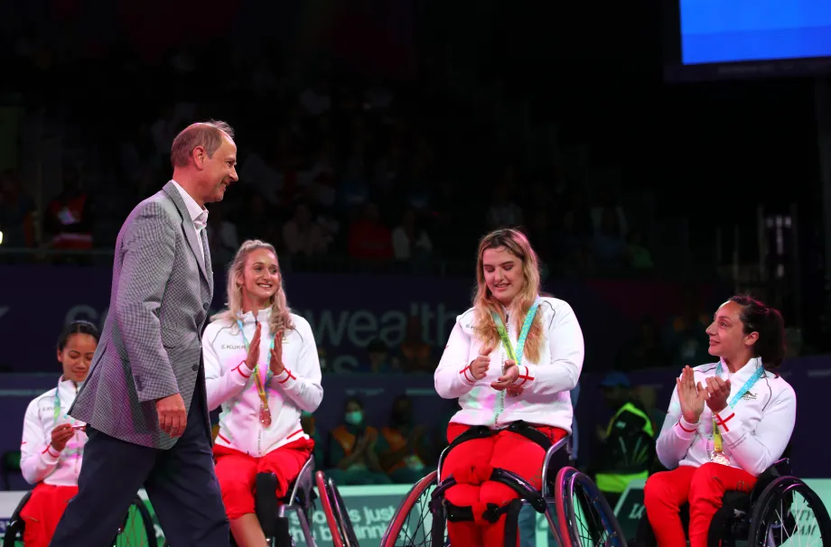 The former Earl of Wessex presents medals to team England for 3x3 Wheelchair Basketball