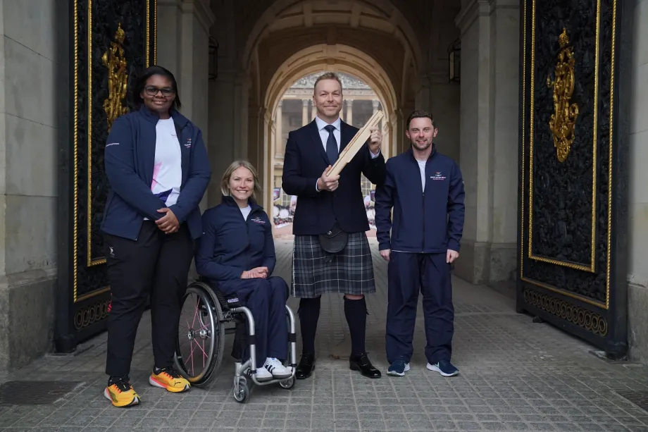 Gabriella Wood, Sammi Kinghorn, Sir Chris Hoy and Kieran Healy during the Commonwealth Sport King's Baton Relay