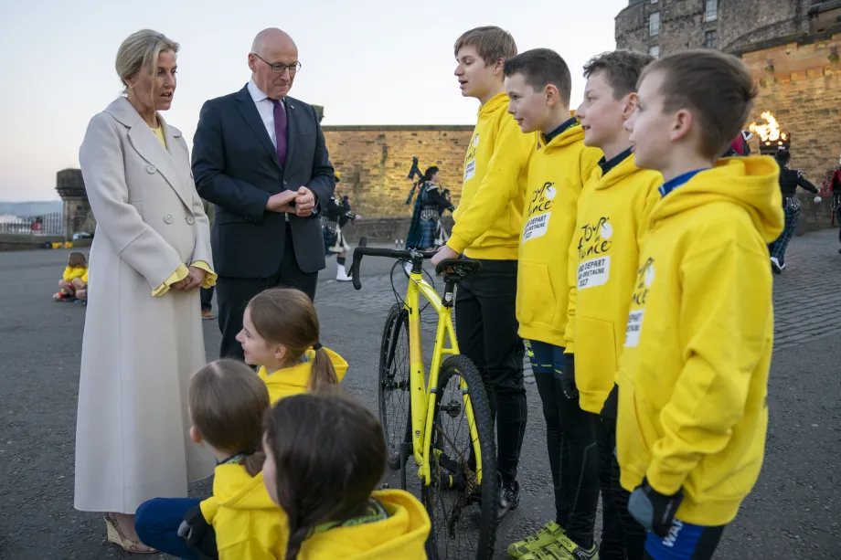 The Duchess of Edinburgh and First Minister John Swinney meeting young cyclists at 2027 Tour de France launch event