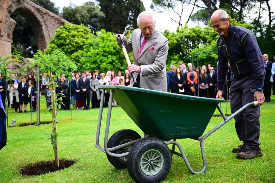 The King planting a tree donated by Italian President Sergio Mattarella