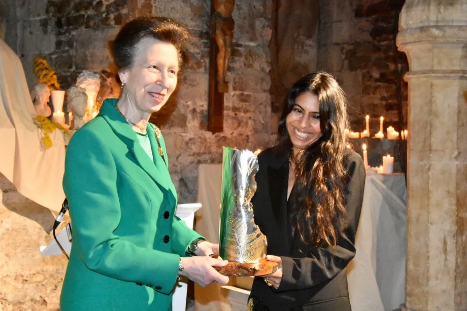 The Princess Royal presents the Queen Elizabeth Award for British Design to Rosh Mahtani in 2020.