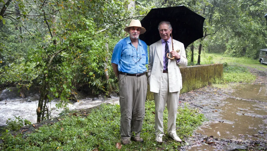 The King with Mark Shand, Her Majesty's brother, at the Vazhachal Forest Range to view an elephant corridor
