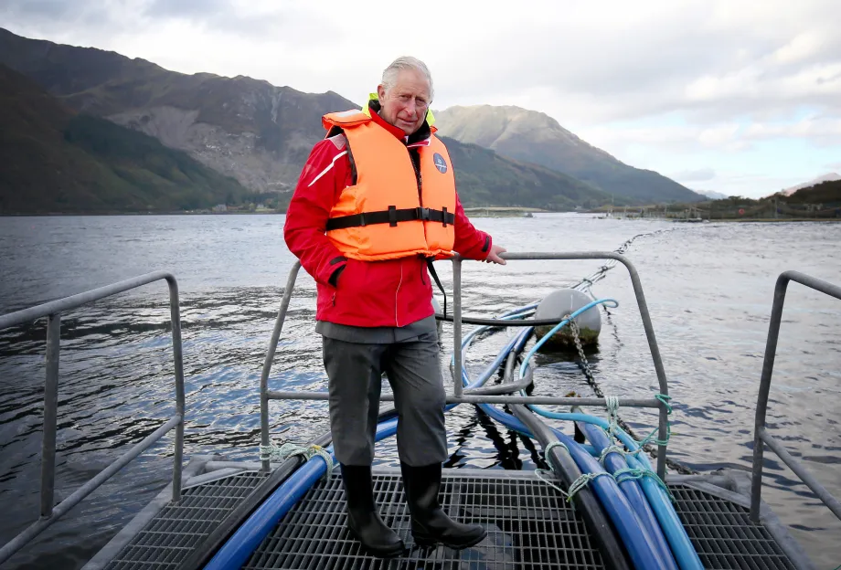 The King in 2016 at a visit to a sustainable salmon farm at Loch Leven Fish Farm