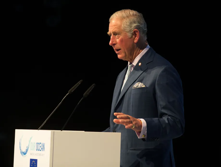The King, as Prince of Wales, delivering a speech at the Our Ocean conference in 2017