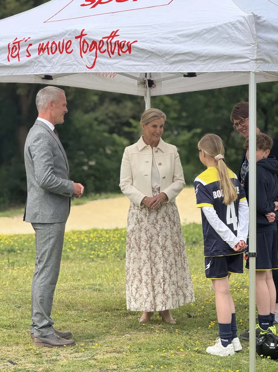 The Duchess of Edinburgh speaks to children during a visit to Northampton Bike Park