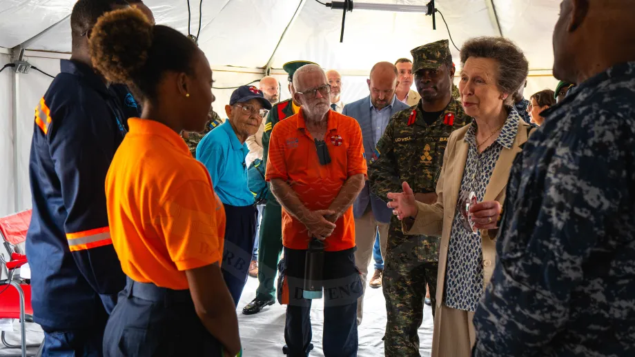 Princess Royal in conversation with members of the Barbados Defence Force’s Field Medical Hospital 