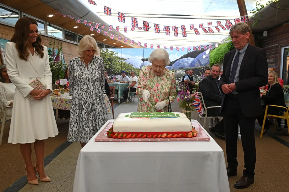 Queen Elizabeth II, The Duchess of Cornwall and The Duchess of Cambridge attend a Big Lunch in Cornwall, 2021.