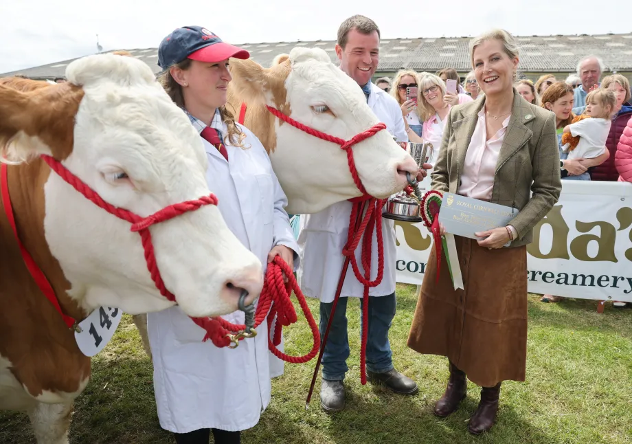 The Duchess of Edinburgh presents the Best Team of Five Beef Animals of a Breed award as she visits the Cattle, Pig, Sheep and countryside area as she attends the Royal Cornwall Show
