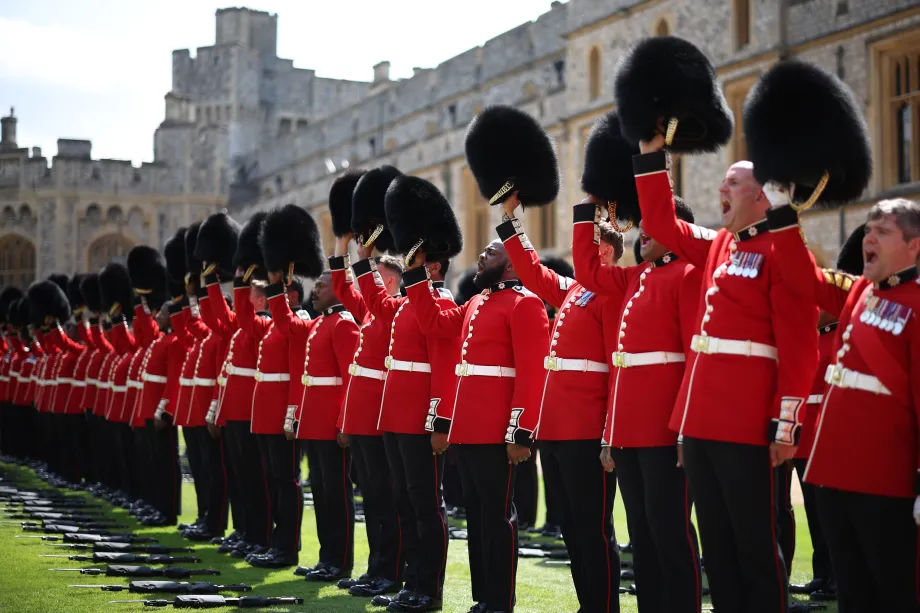 Members of the Coldstream Guards give three cheers for The King, their Colonel-in-Chief