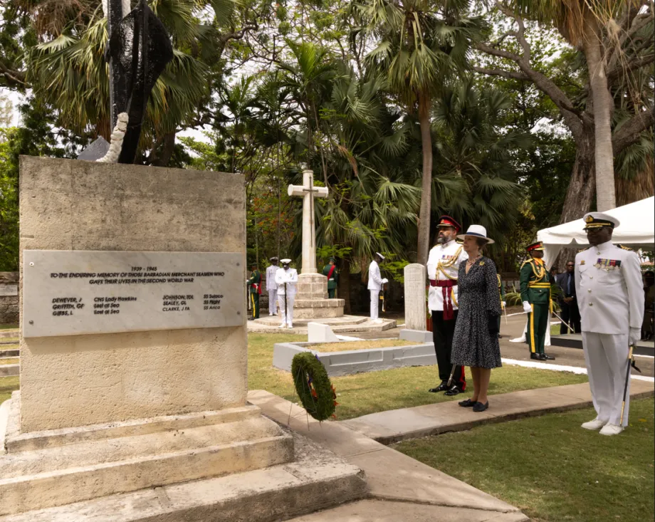 The Princess Royal laying a wreath at Barbados Military Ceremony
