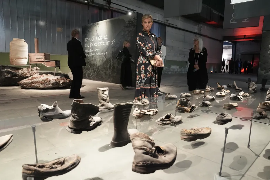 The Duchess of Edinburgh views a display of shoes of the victims of the massacre at the Srebrenica Memorial Centre