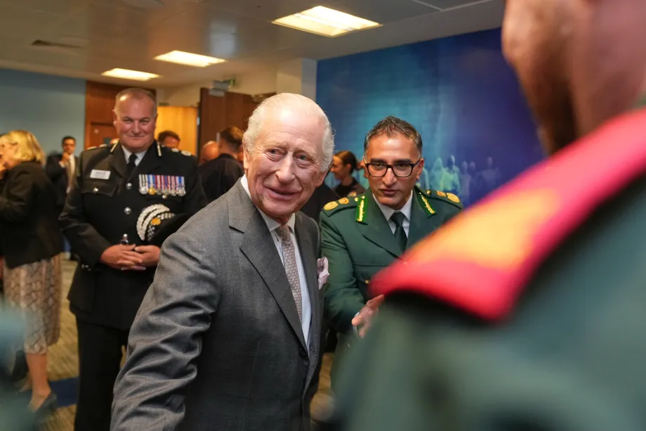 The King meets representatives from Greater Manchester Police Force, Ambulance Service, and Fire and Rescue Service