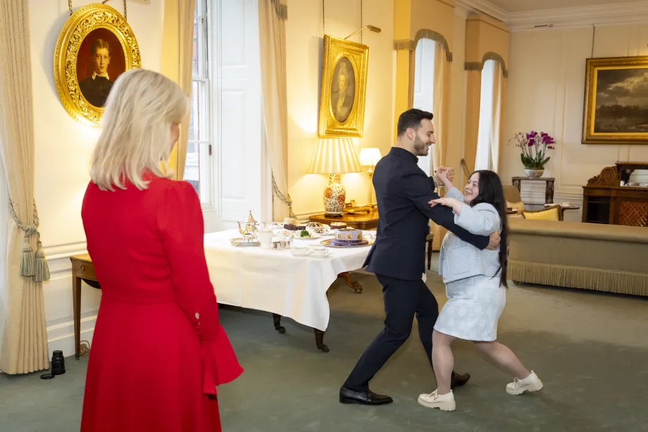 Ellie Goldstein and Vito Coppola performing a short dance for The Duchess of Edinburgh