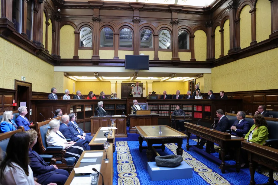 The King addresses a special sitting of the Tynwald Parliament in Douglas, during a visit to the Isle of Man