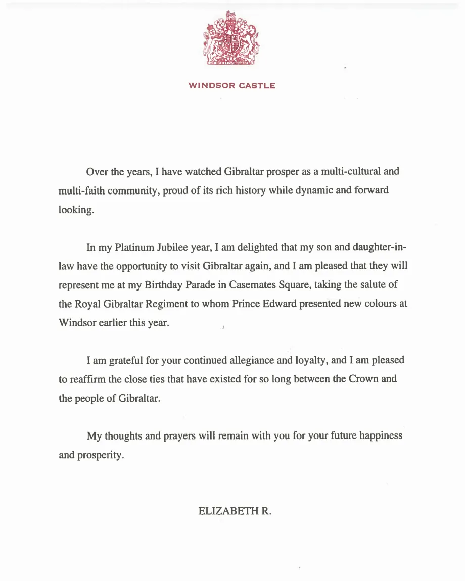 A message from The Queen to the people of Gibraltar