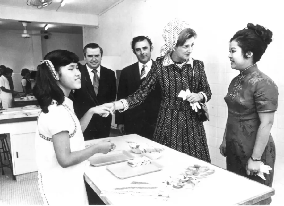Princess Alexandra meets children being helped by Sightsavers at Ebenezer School, Hong Kong, 1972