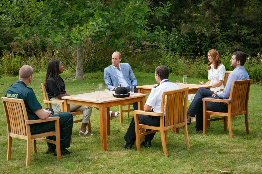 The Duke and Duchess speak to four representatives from organisations which will benefit from The Royal Foundation'sCOVID-19 Response Fund, including two emergency responders and two mental health counsellors