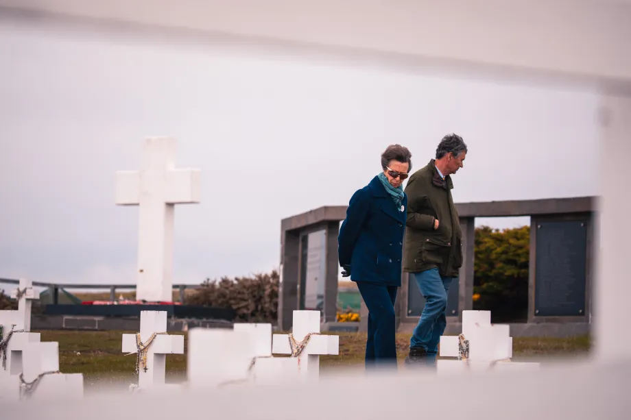 The Princess Royal and Vice Admiral Sir Tim Laurence visit the Argentine Military Cemetery near Darwin.