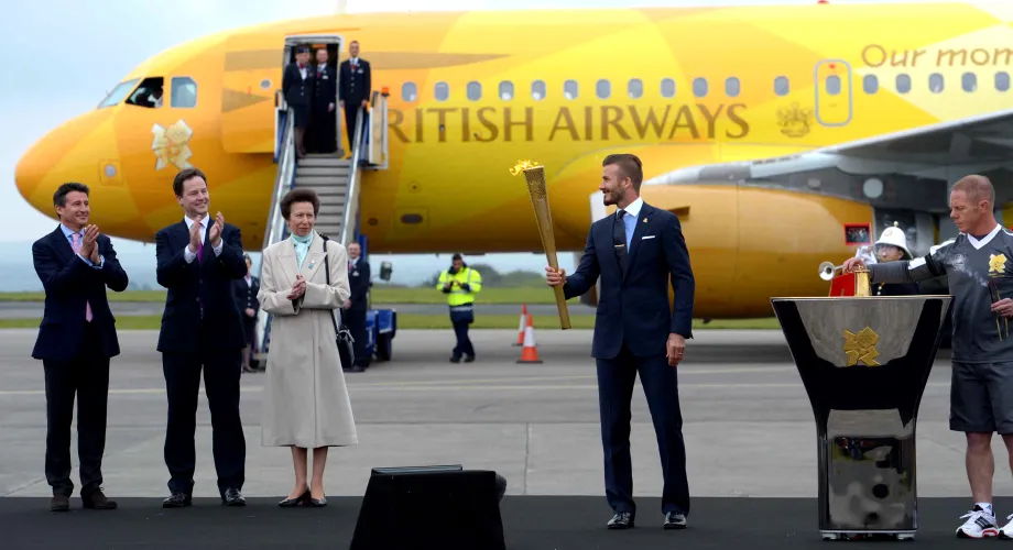 Princess Royal, Seb Coe, David Beckham, Nick Clegg in Athens collecting the Olympic torch