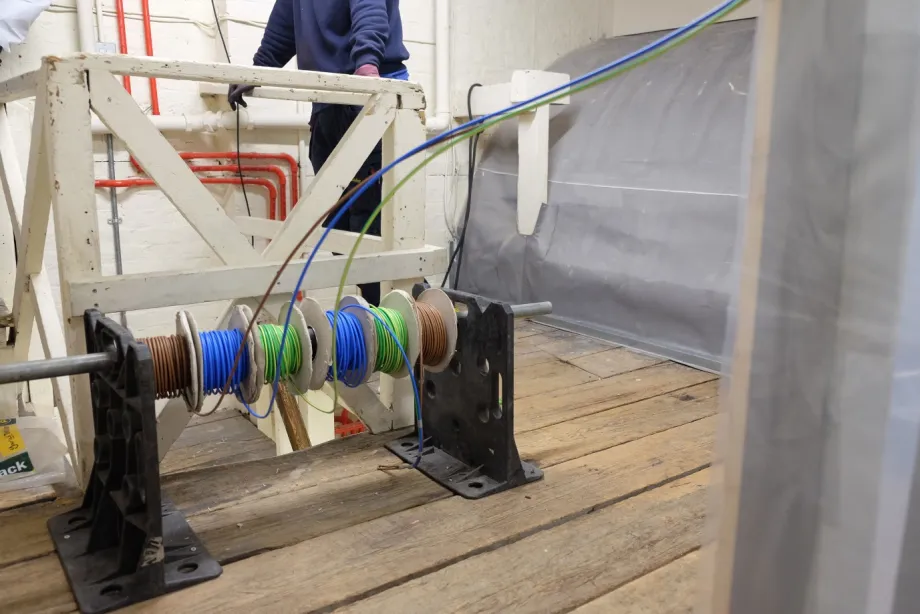 A wire pulley during reservicing work at Buckingham Palace