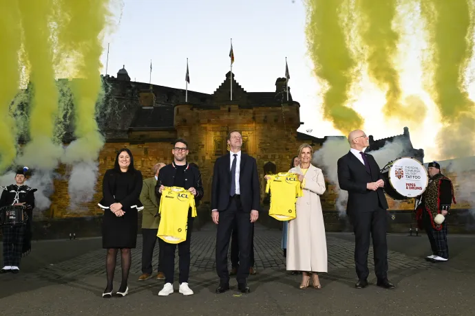 The Duchess of Edinburgh holding yellow jersey at Tour de France 2027 Grand Departs announcement