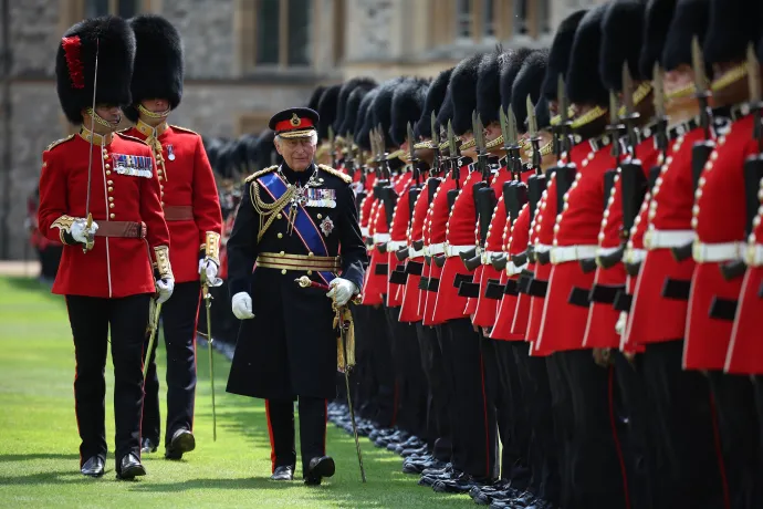 The King, as Colonel-in-Chief, inspects the Coldstream Guards