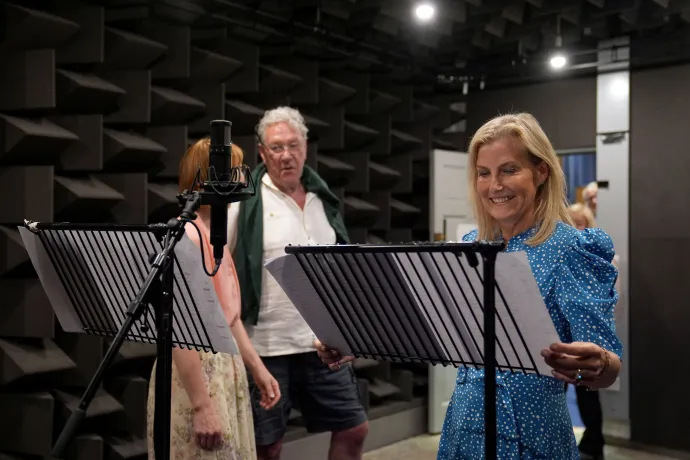 The Duchess of Edinburgh with cast members from The Archers, in the recording studio