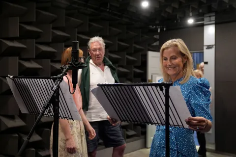 The Duchess of Edinburgh with cast members from The Archers, in the recording studio